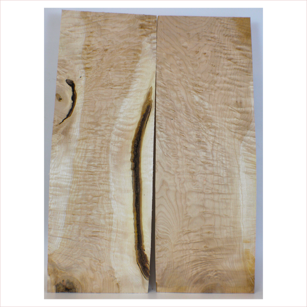 Dimensions: Thickness (each piece): 1.25", Width: 8.75", Length: 25".  3A grade 2-piece quilted maple set with two-tone color and bark seam.